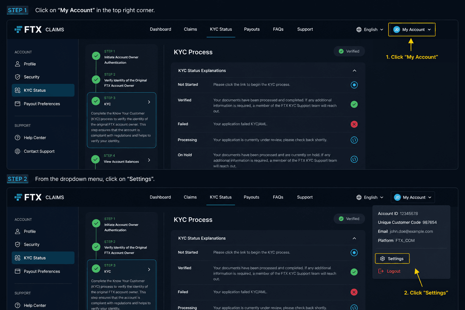 FTX claims portal guide showing the My Account menu and Settings button.