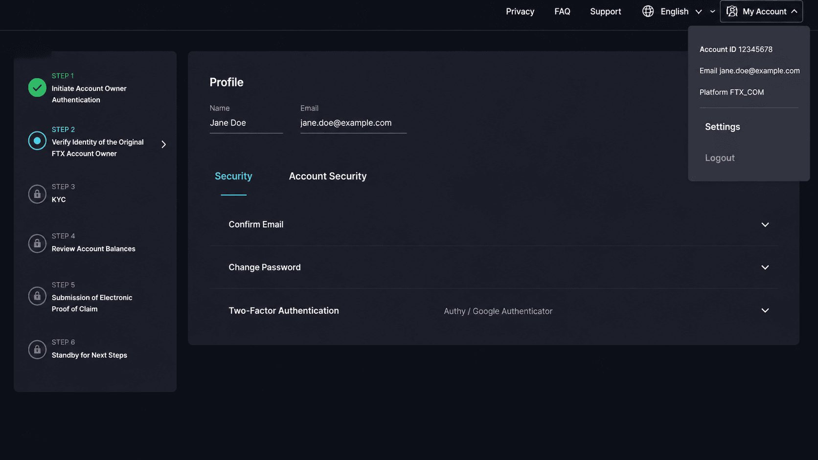 FTX account settings example showing profile details and the My Account menu.