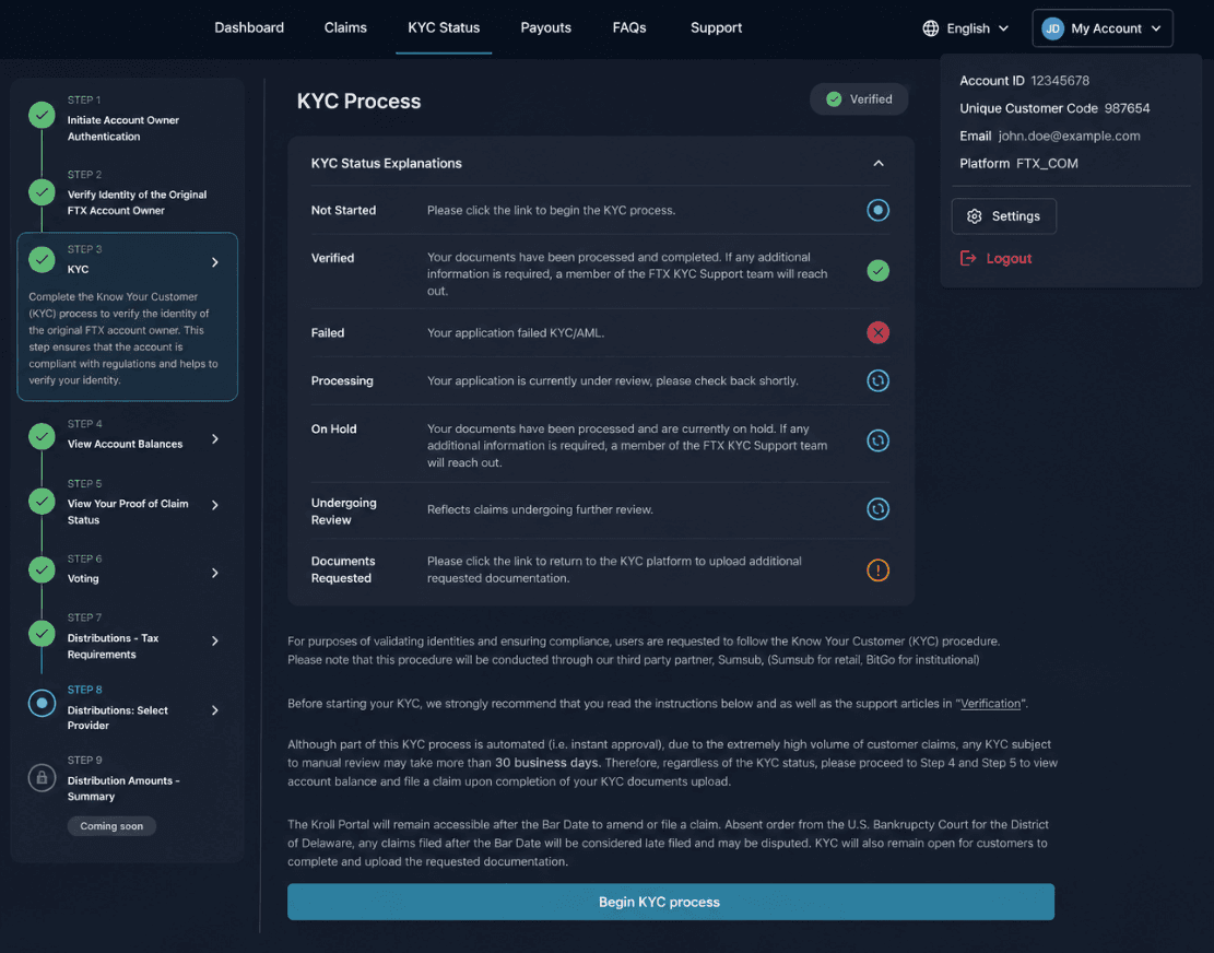 FTX claims portal screenshot showing the KYC Process page with KYC Status Explanations expanded.